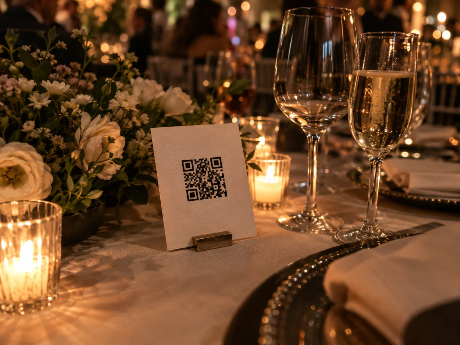 Cartão de mesa com QR code sobre a mesa posta, à luz das velas