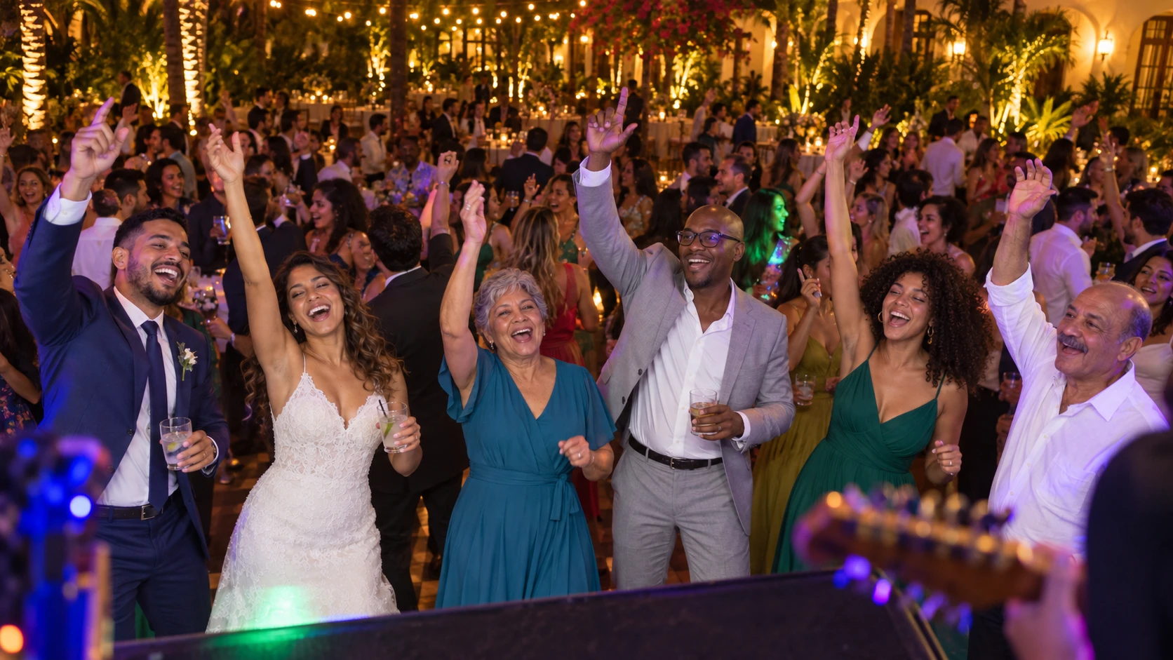 Convidados de braços erguidos na pista de dança, sob luz quente de festa